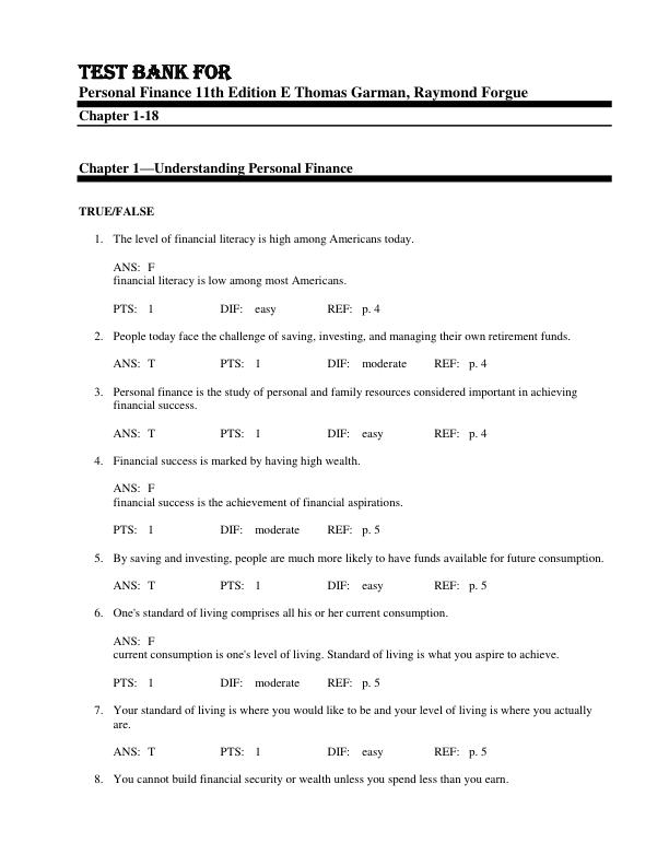Test Bank for Personal Finance 11th Edition By E Thomas Garman, Raymond Forgue