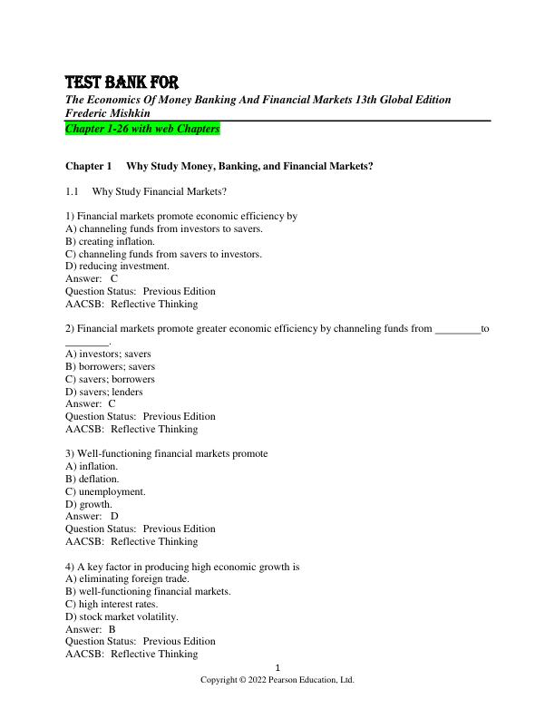 Test Bank for The Economics Of Money Banking And Financial Markets 13th Global Edition Frederic Mishkin