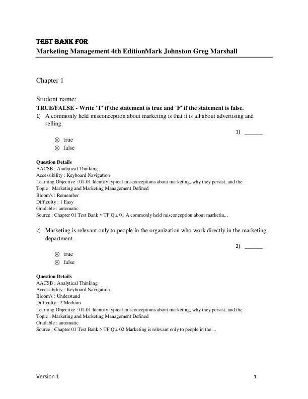 Test Bank for Marketing Management 4th EditionMark Johnston Greg Marshall