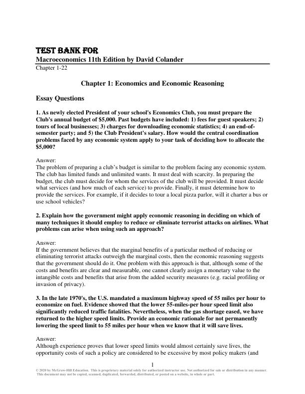 Test Bank for Macroeconomics 11th Edition by David Colander Chapter 1-22