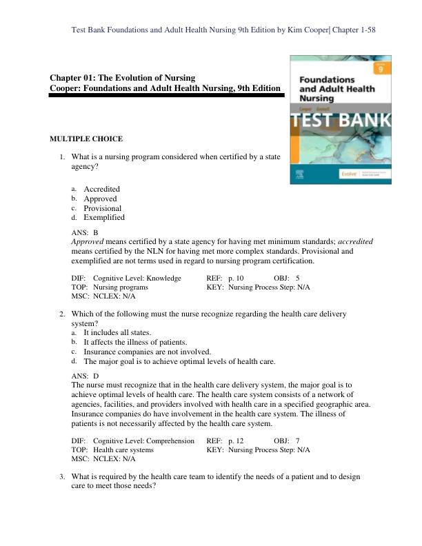 Test Bank Foundations and Adult Health Nursing 9th Edition by Kim Cooper Chapter 1-58