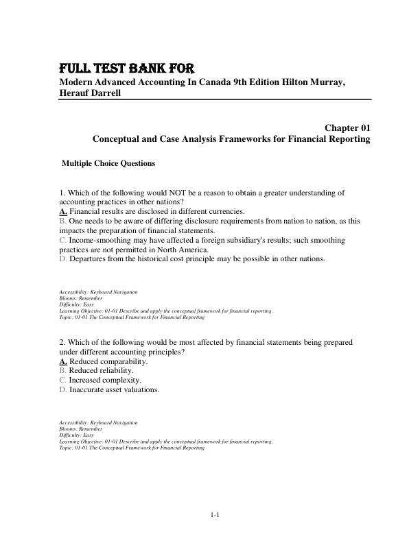 Test Bank For Modern Advanced Accounting In Canada 9th Edition Hilton Murray, Herauf Darrell