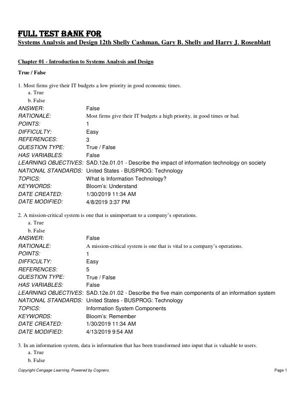 Test Bank for Systems Analysis and Design 12th Shelly Cashman, Gary B. Shelly and Harry J. Rosenblatt