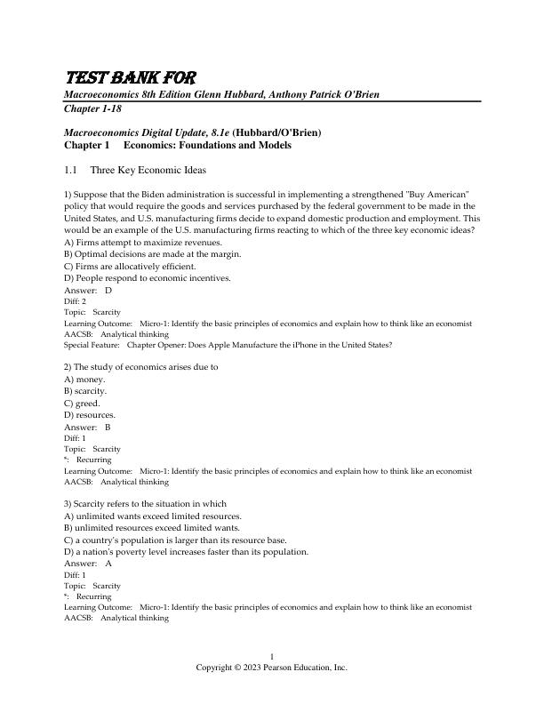 Test Bank for Macroeconomics 8th Edition Glenn Hubbard, Anthony Patrick O'Brien