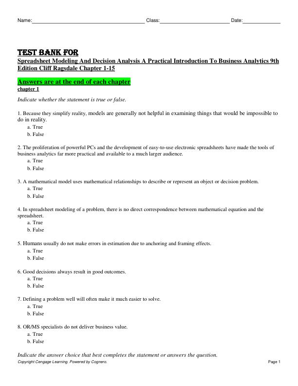 Test Bank for Spreadsheet Modeling And Decision Analysis A Practical Introduction To Business Analytics 9th Edition Cliff Ragsdale
