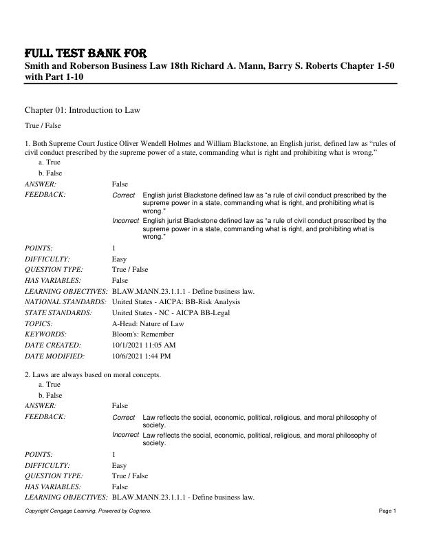 Test Bank For Smith and Roberson Business Law 18th Richard A. Mann, Barry S. Roberts