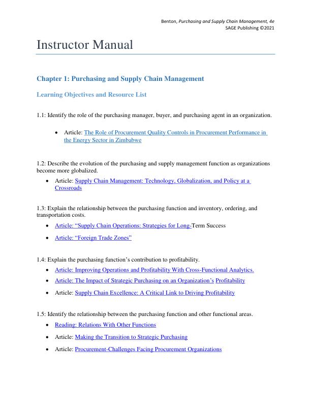 Solution Manual for Purchasing and Supply Chain Management 4th Edition by W. C. Benton