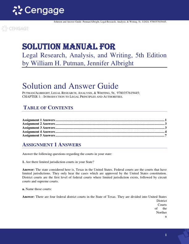 Solution Manual For Legal Research, Analysis, and Writing, 5th Edition by William H. Putman, Jennifer Albright