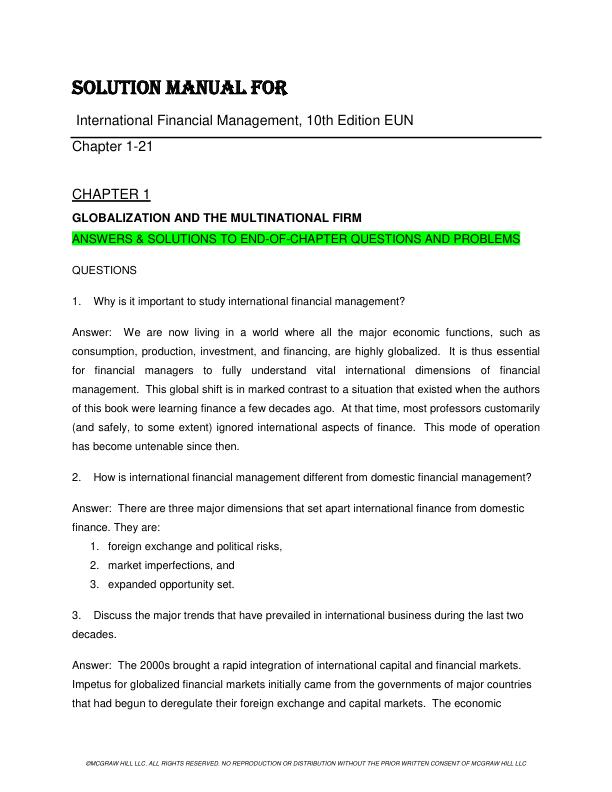 Solution Manual for International Financial Management, 10th Edition By Cheol Eun, Bruce Resnick and Tuugi Chuluun Chapter 1-21