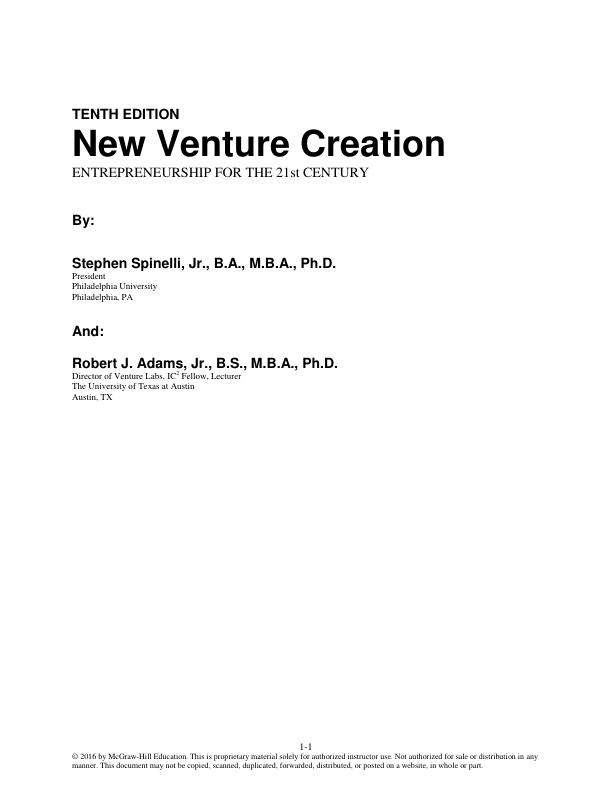 Solution Manual for New Venture Creation Entrepreneurship for the 21st Century 10th Edition by Stephen Spinelli JR., Robert J. Adams