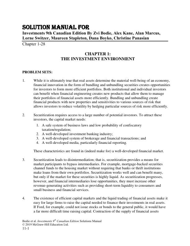 Solution Manual For Investments 9th Canadian Edition By Zvi Bodie, Alex Kane, Alan Marcus, Lorne Switzer, Maureen Stapleton, Dana Boyko, Christine Panasian