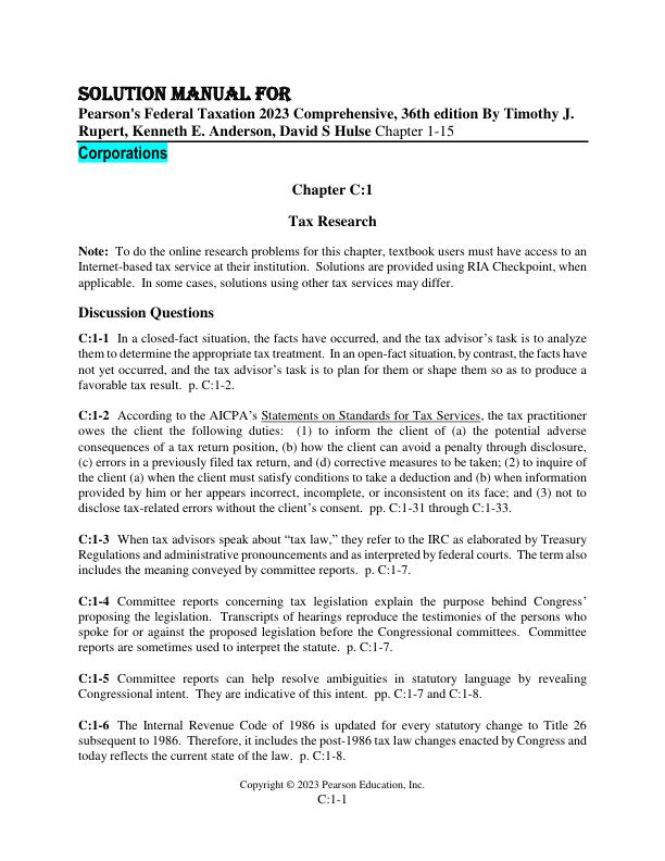SOLUTION MANUAL FOR Pearson's Federal Taxation 2023 Comprehensive, Corporations 36th Edition By Timothy J. Rupert, Kenneth E. Anderson, David S Hulse Chapter 1-15