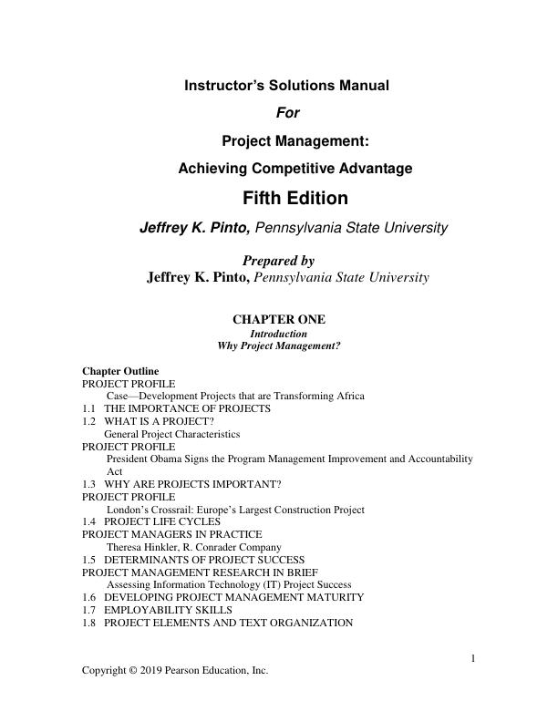 Solution Manual for Project Management Achieving Competitive Advantage 5th edition by Jeffrey K Pinto