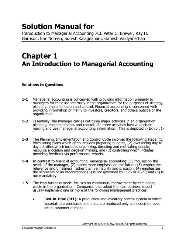 Solution Manual for Introduction to Managerial Accounting 7CE Peter C. Brewer, Ray H. Garrison, Eric Noreen, Suresh Kalagnanam, Ganesh Vaidyanathan