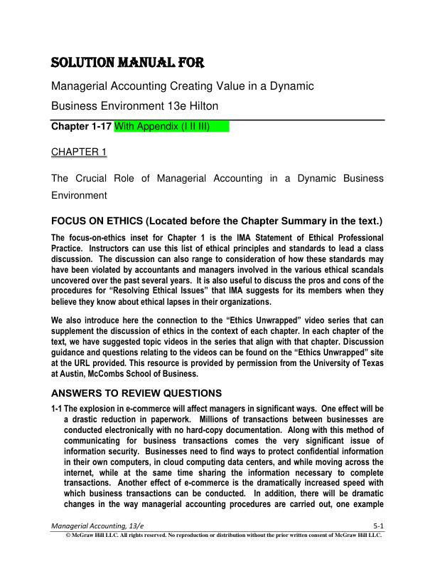 Solution Manual for Managerial Accounting Creating Value in a Dynamic Business Environment 13th Edition by Ronald Hilton and David Platt