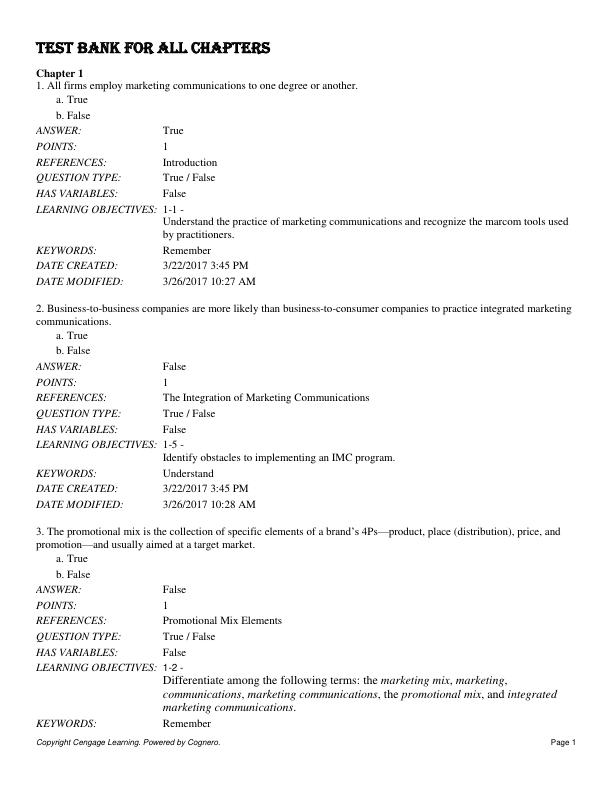 Test Bank for Advertising Promotion and other aspects of Integrated Marketing Communications 10th Edition by J. Craig Andrews, Terence A. Shimp.docx