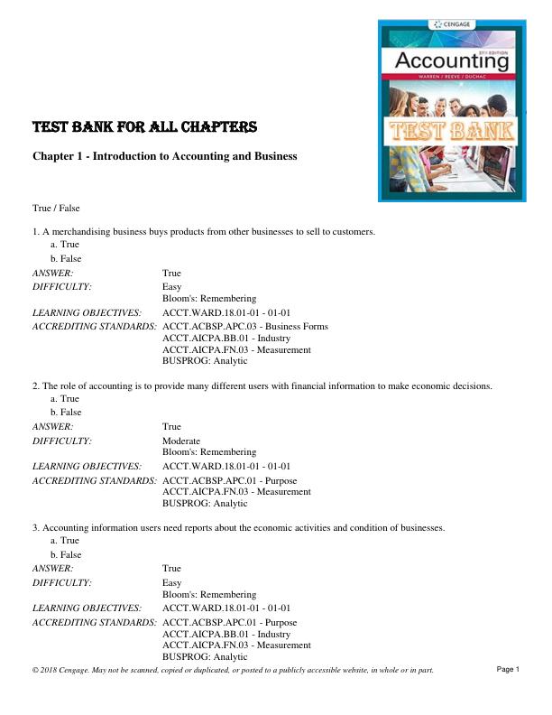 Test Bank for Accounting, 27th Edition by Carl S. Warren, James M. Reeve, Jonathan Duchac