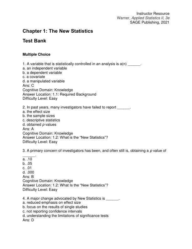 Test Bank for Applied Statistics Vol II Multivariable and Multivariate Techniques 3rd Edition by Rebecca M. Warner
