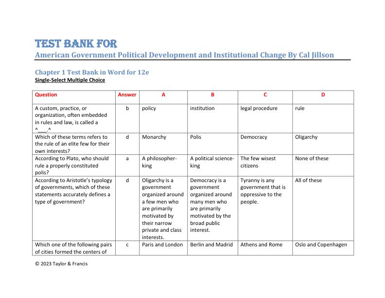 Test Bank for American Government Political Development and Institutional Change 12th Edition By Cal Jillson