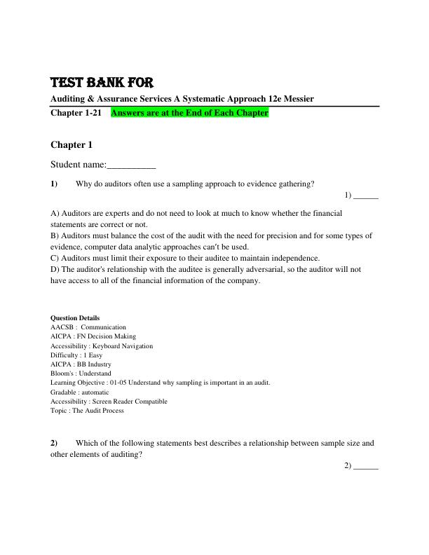 Test Bank for Auditing & Assurance Services A Systematic Approach 12th Edition by William Messier Jr, Steven Glover, Douglas Prawit