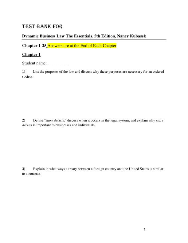 Test Bank For Dynamic Business Law The Essentials, 5th Edition by Nancy Kubasek