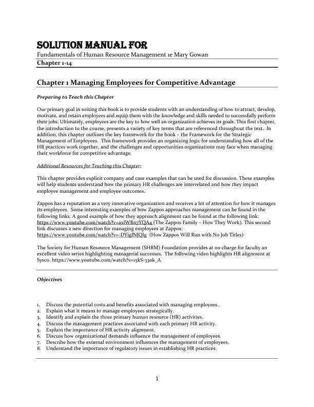 Solution Manual For Fundamentals of Human Resource Management 1th Edition by Mary Gowan