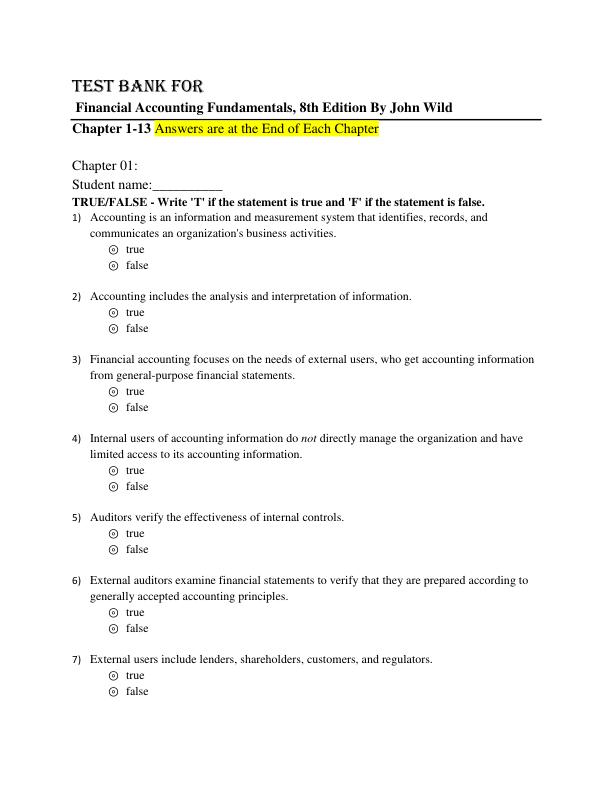 Test Bank For Financial Accounting Fundamentals, 8th Edition By John Wild