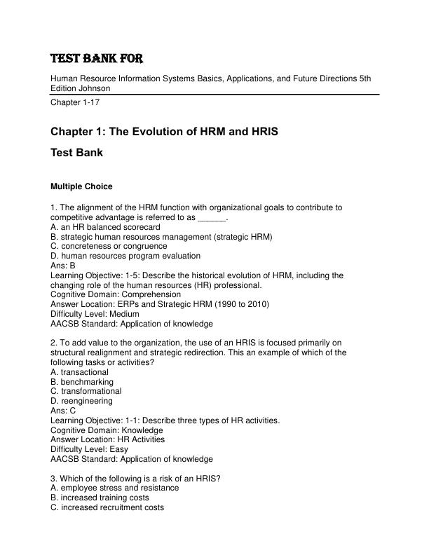 Test Bank for Human Resource Information Systems Basics, Applications, and Future Directions 5th Edition By Richard D. Johnson; Kevin D. Carlson; Michael J. Kavanagh