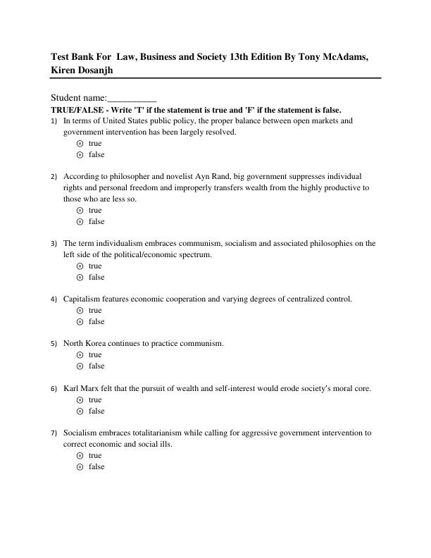 Test Bank for Law, Business and Society 13th Edition By Tony McAdams, Kiren Dosanjh