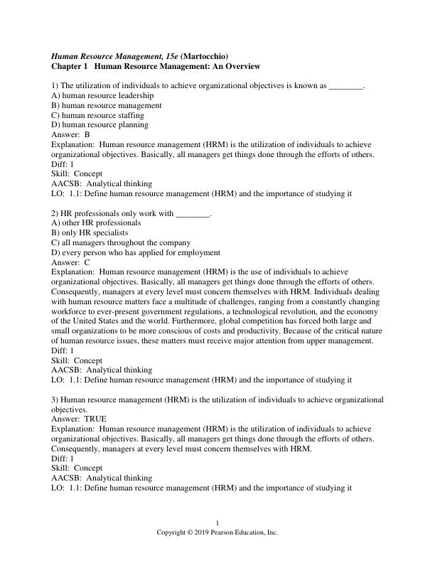 Test Bank for Human Resource Management 15TH Edition by Martocchio Joseph