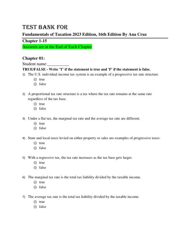 Test Bank For Fundamentals of Taxation 2023 Edition, 16th Edition By Ana Cruz, Michael Deschamps, Frederick Niswander, Debra Prendergast, Dan Schisler, Jinhee Trone