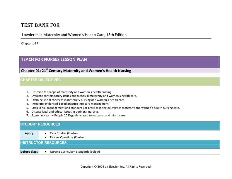 Test Bank for Lowdermilk Maternity and Women's Health Care, 13th Edition