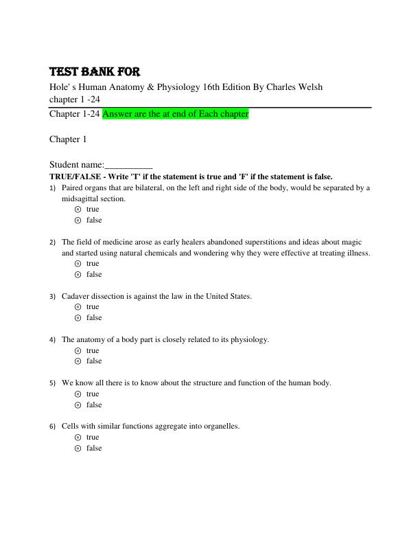Test Bank for Hole's Human Anatomy & Physiology 16th Edition By Charles Welsh Chapter 1-24