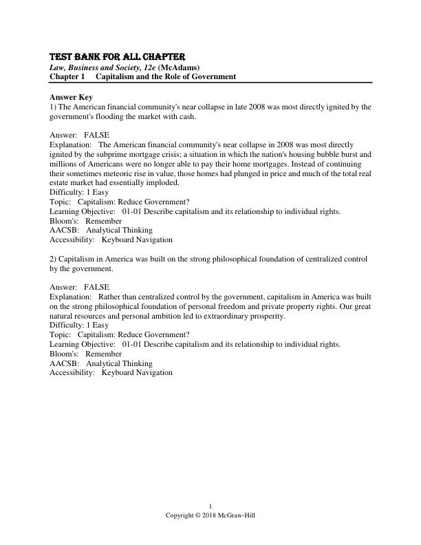 Test Bank for Law Business and Society 12th Edition by Tony McAdams