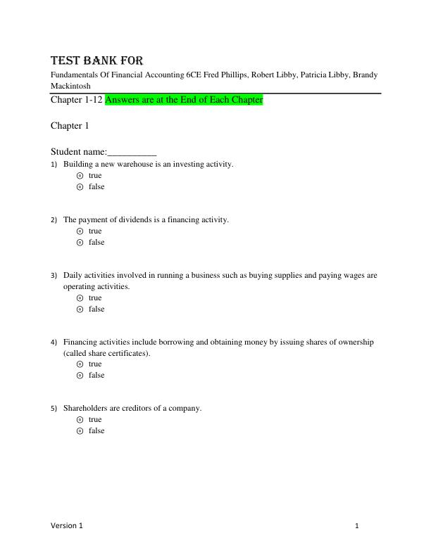 Test Bank for Fundamentals Of Financial Accounting 6CE Fred Phillips, Robert Libby, Patricia Libby, Brandy Mackintosh