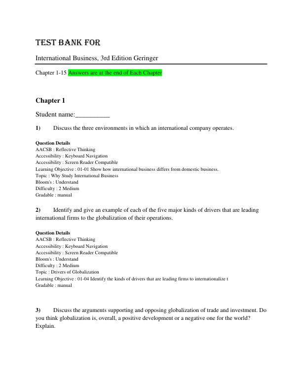 Test Bank for International Business, 3rd Edition by Michael Geringer, Jeanne McNett