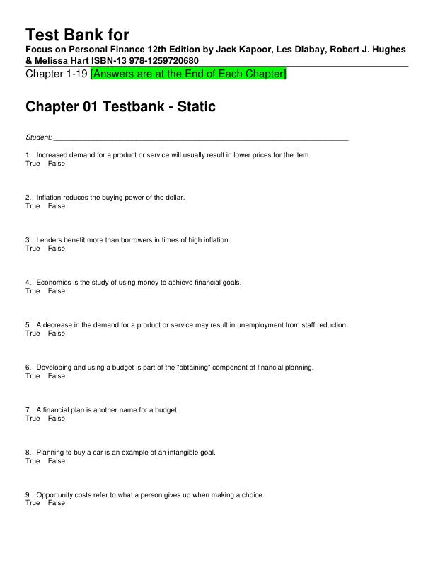Test Bank for Focus on Personal Finance 12th Edition by Jack Kapoor, Les Dlabay, Robert J. Hughes & Melissa Hart ISBN-13 ‎978-1259720680
