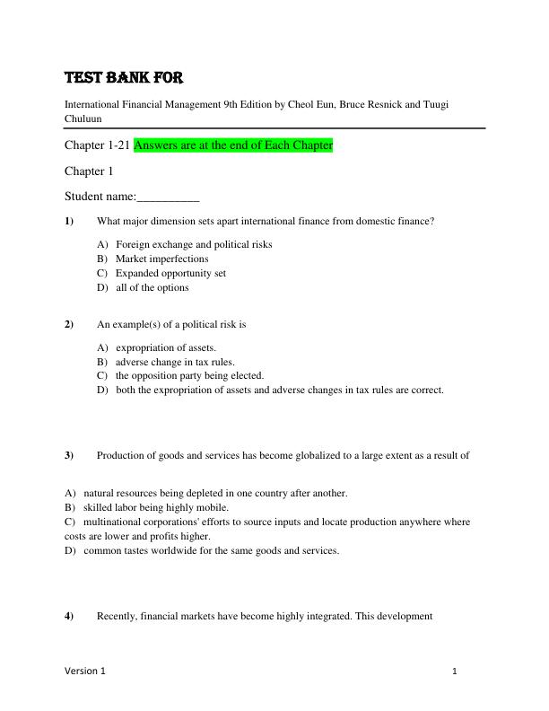 Test Bank for International Financial Management 9th Edition by Cheol Eun, Bruce Resnick and Tuugi Chuluun