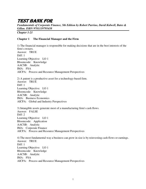 Test Bank for Fundamentals of Corporate Finance, 5th Edition by Robert Parrino, David Kidwell, Bates & Gillan. ISBN 9781119795438