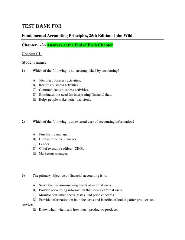 Test Bank For Fundamental Accounting Principles, 25th Edition by John Wild and Ken Shaw, Kermit Larson