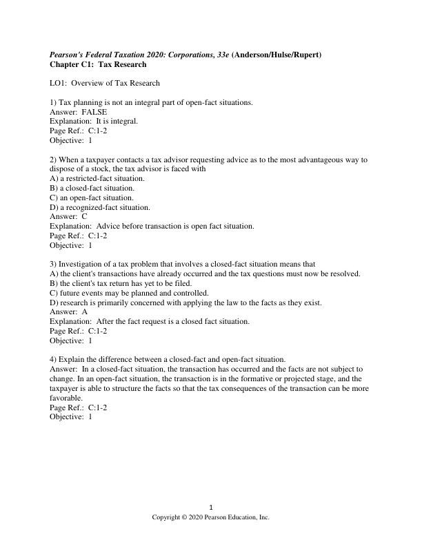 Test Bank for Pearson's Federal Taxation 2020 Corporations, Partnerships, Estates & Trusts by Timothy J. Rupert, Kenneth E. Anderson