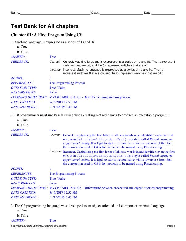 Test Bank for Microsoft Visual C# An Introduction to Object-Oriented Programming, 7th Edition