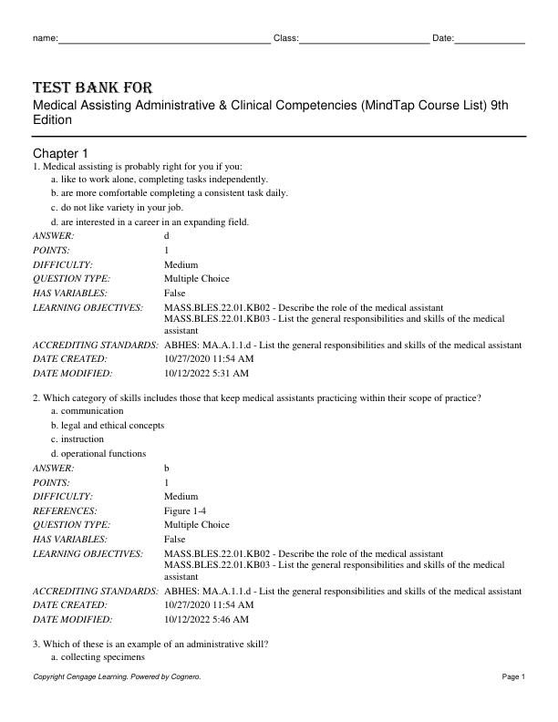 Test Bank for Medical Assisting Administrative & Clinical Competencies (MindTap Course List) 9th Edition by Michelle Blesi Chapter 1-58
