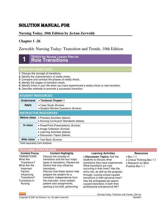 Solution Manual For Nursing Today, 10th Edition by JoAnn Zerwekh