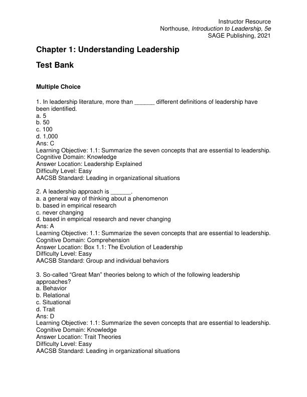 Test Bank for Introduction to Leadership Concepts and Practice 5th Edition by Dr. Peter G. Northouse