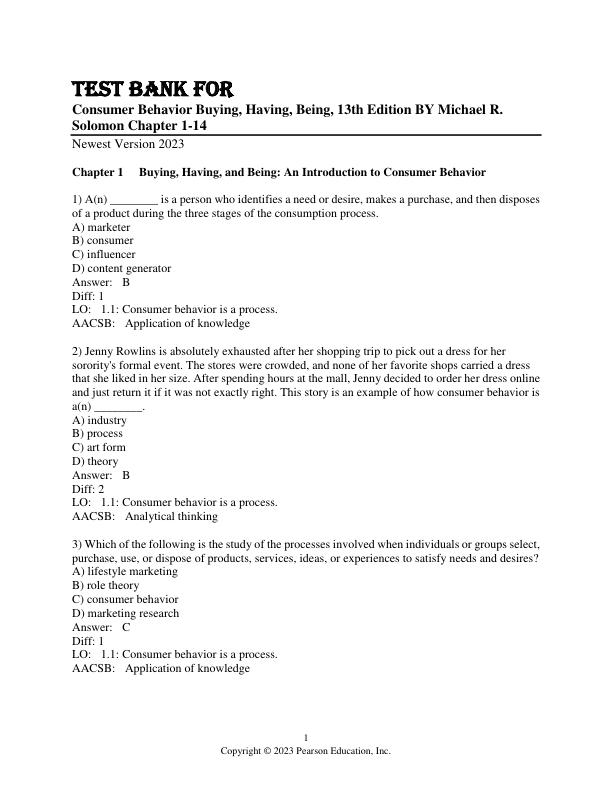 Test Bank for Consumer Behavior Buying, Having, Being, 13th Edition BY Michael R. Solomon