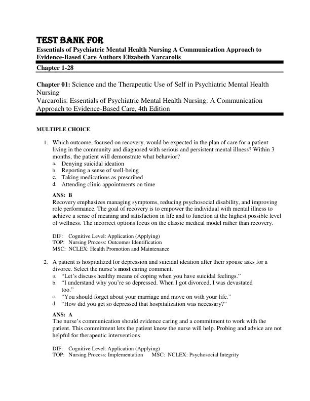 Test Bank For Essentials of Psychiatric Mental Health Nursing A Communication Approach to Evidence-Based Care Authors Elizabeth Varcarolis
