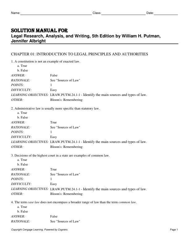 Test Bank for Legal Research, Analysis, and Writing, 5th Edition by William H. Putman, Jennifer Albright