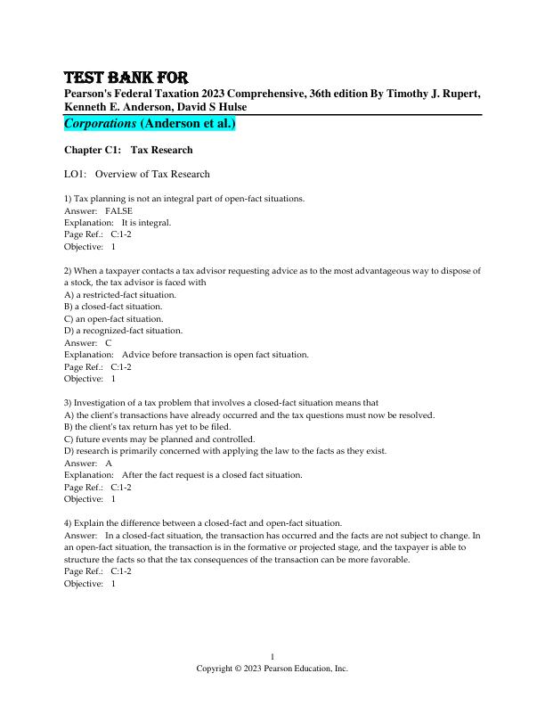 TEST BANK FOR Pearson's Federal Taxation 2023 Comprehensive, Corporations 36th Edition By Timothy J. Rupert, Kenneth E. Anderson, David S Hulse Chapter 1-15