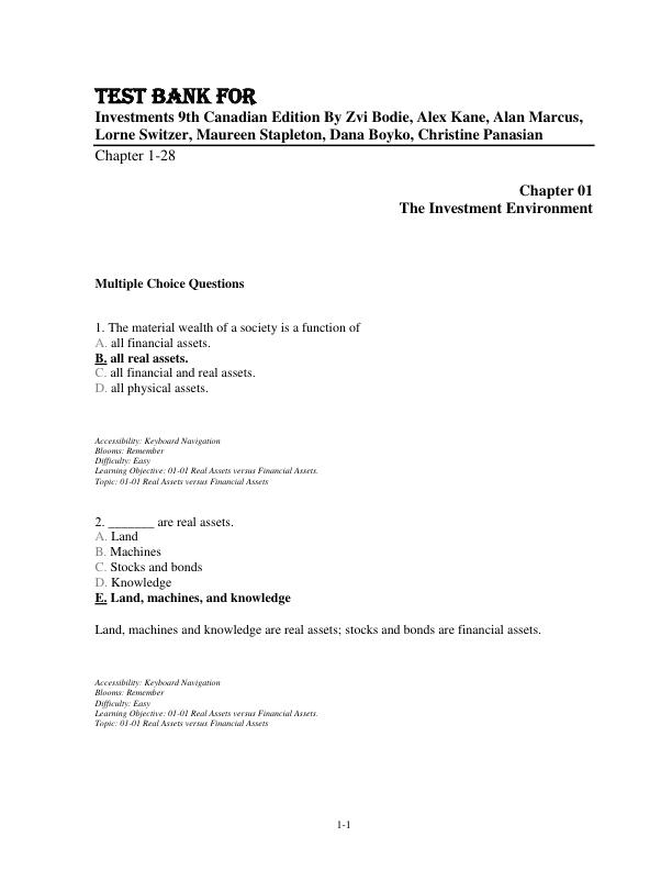 Test Bank For Investments 9th Canadian Edition By Zvi Bodie, Alex Kane, Alan Marcus, Lorne Switzer, Maureen Stapleton, Dana Boyko, Christine Panasian
